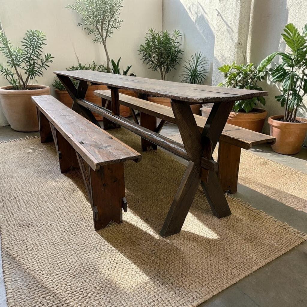 Table XL vintage en bois / Table de jardin avec bancs intégrés
