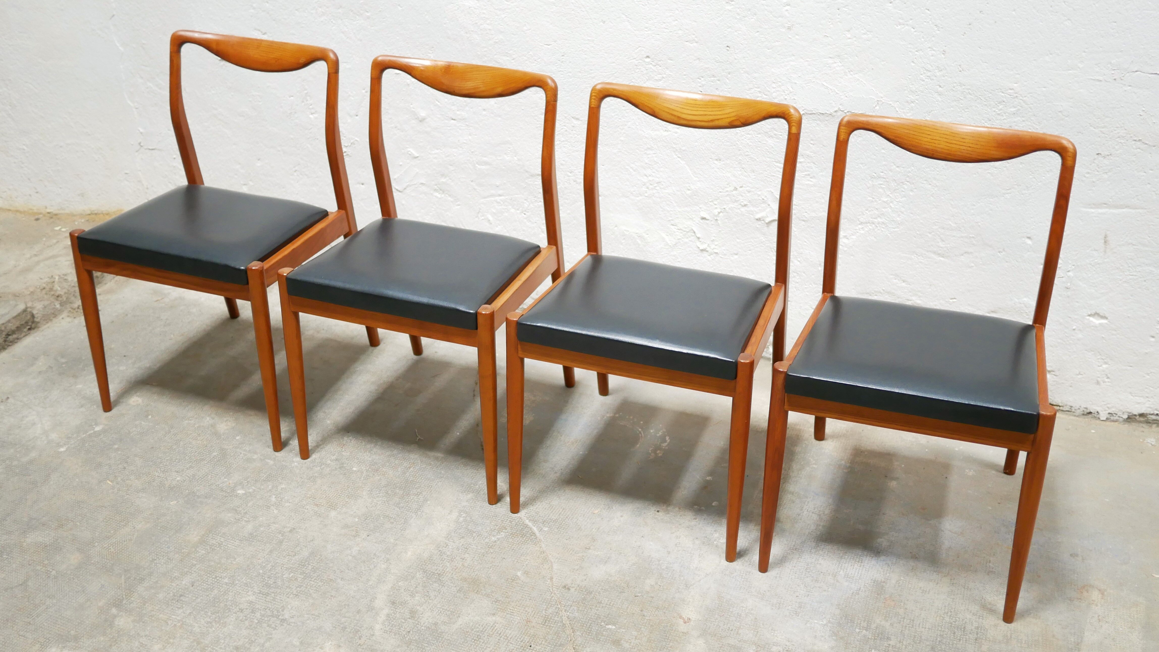 Series of 4 vintage Scandinavian chairs in teak and skaï