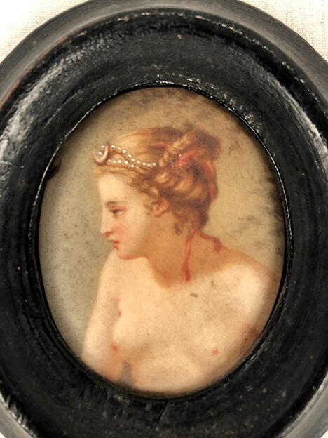 Miniature on medallion porcelain, blackened wooden frame