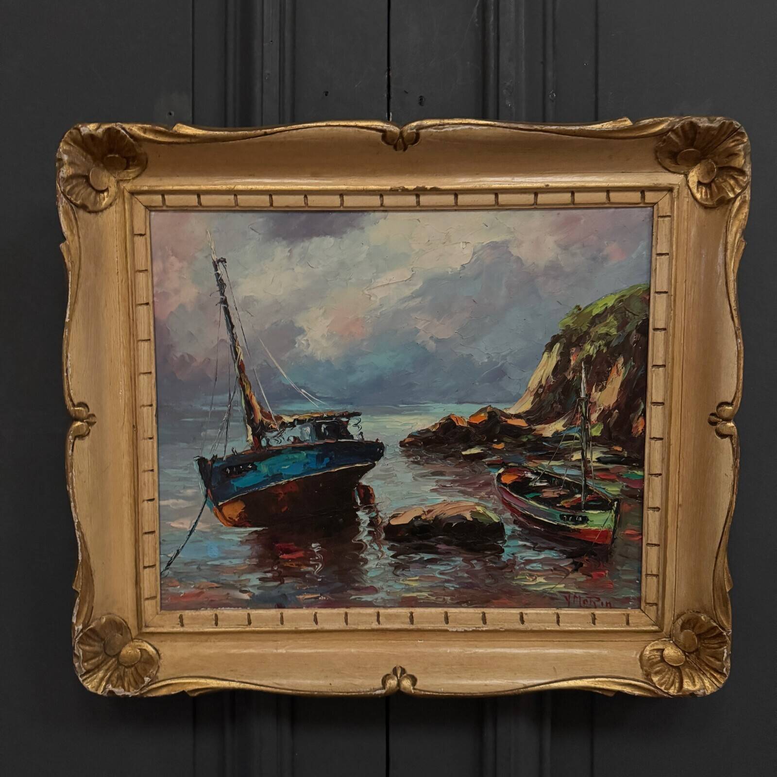 Oil on canvas fishing boats 1950 by Y. Morin