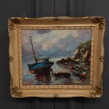 Oil on canvas fishing boats 1950 by Y. Morin