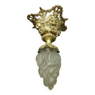 Bronze and glass ceiling lamp with Louis XVI style lion heads