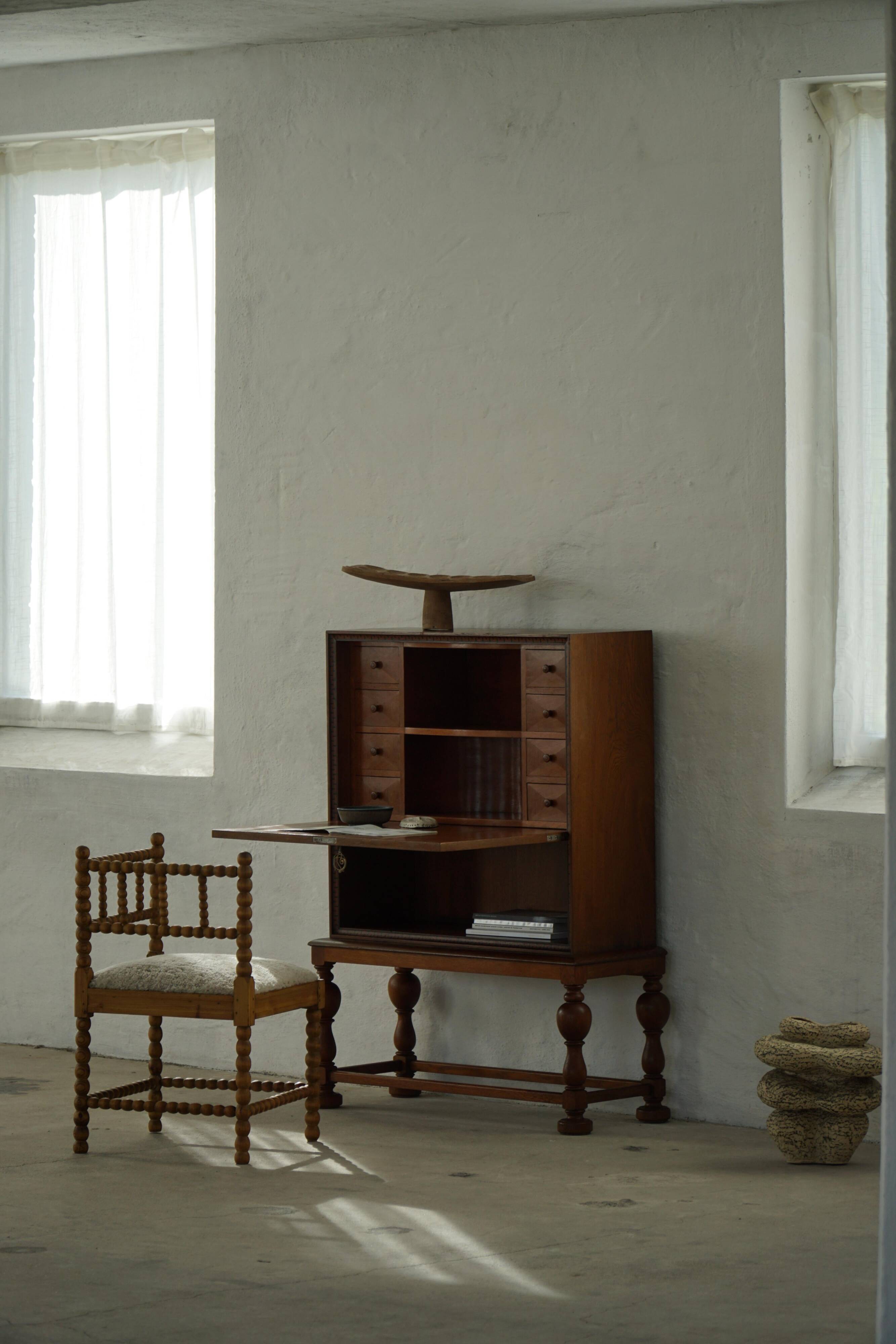 Modern Danish secretary, unique handmade oak, mid-20th century.