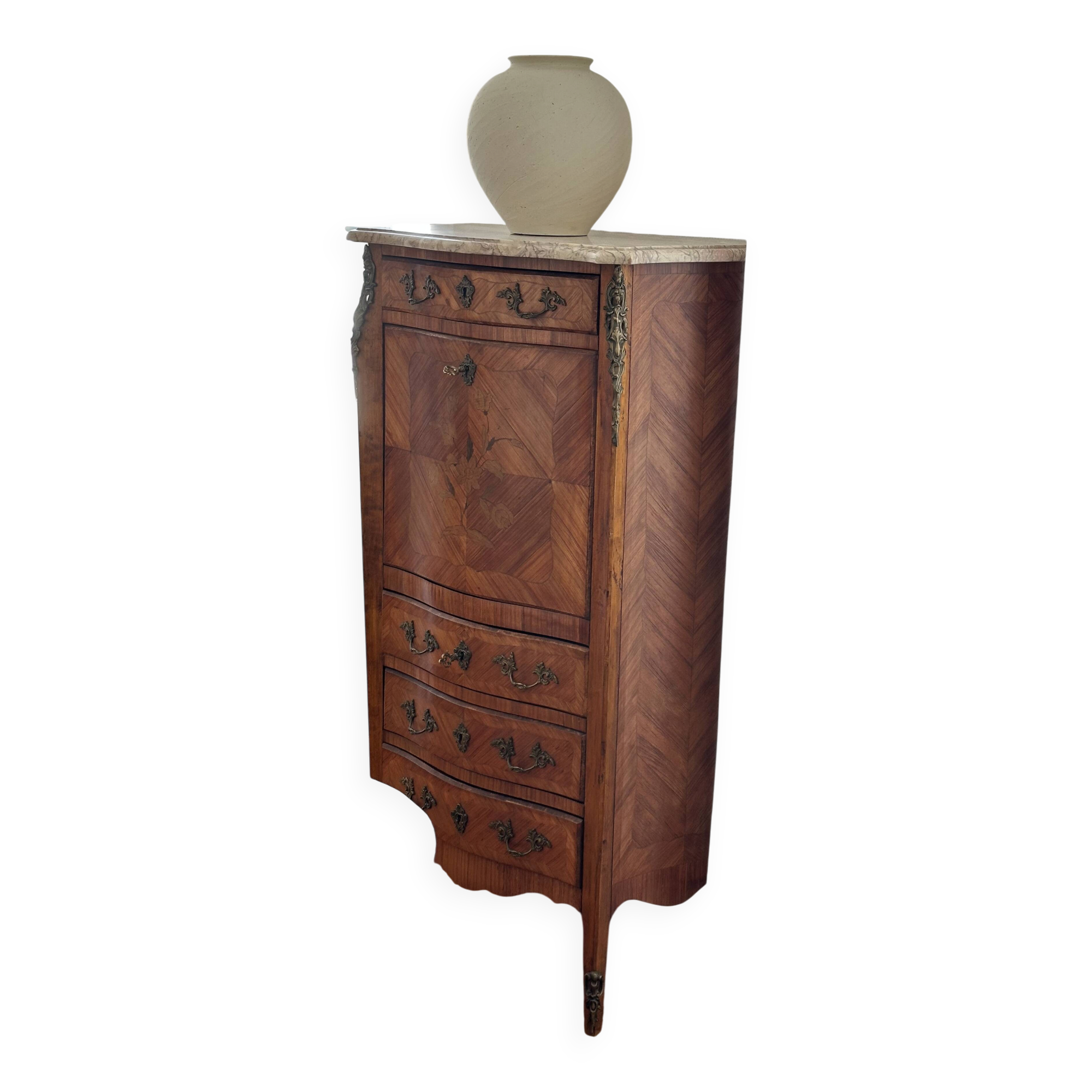 Louis XV style secretary in marquetry and marble