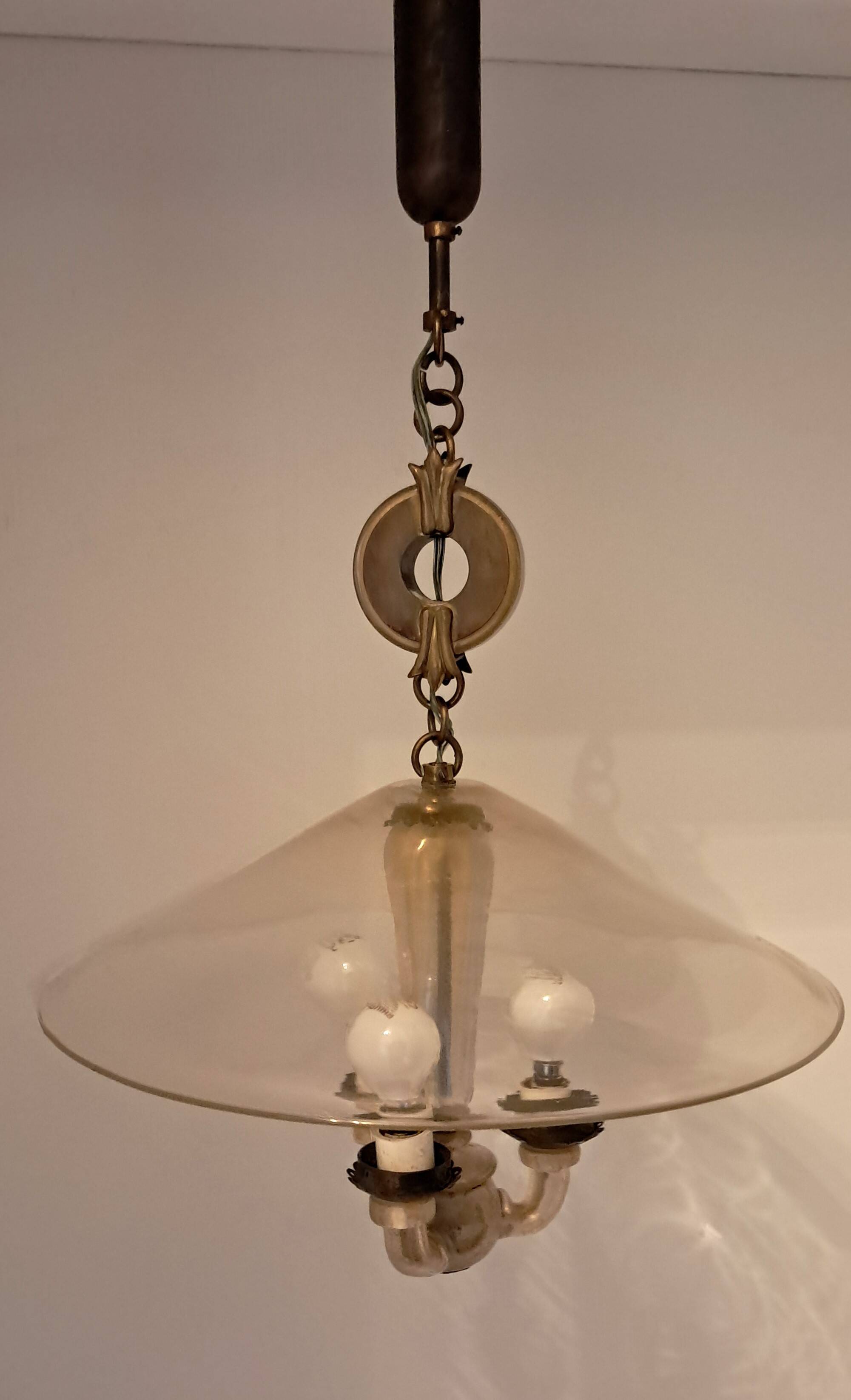 3-light chandelier in Murano glass and gilded brass, 1940.