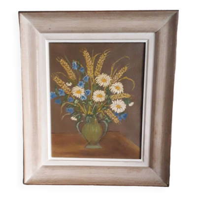 Tableau ancien à l'huile représentant un bouquet de fleurs