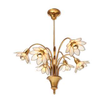 1980s brass chandelier and mother-of-pearl flowers