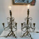 Pair of lamps, 3-light candlesticks, shabby chic, glass tassels, pendants, pleated fabric lampshade