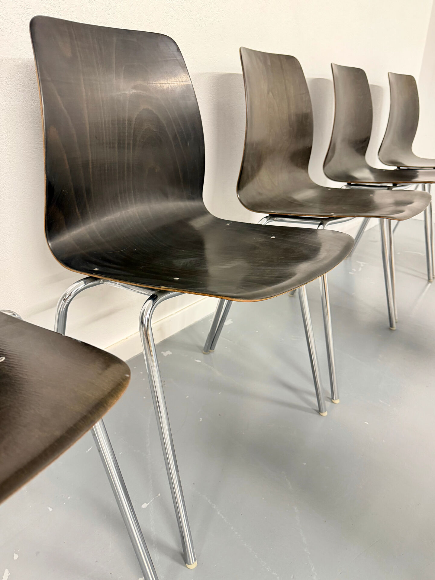 Set of 12 wooden and chrome chairs, Pagholz design from the 80s, vintage Pagwood.