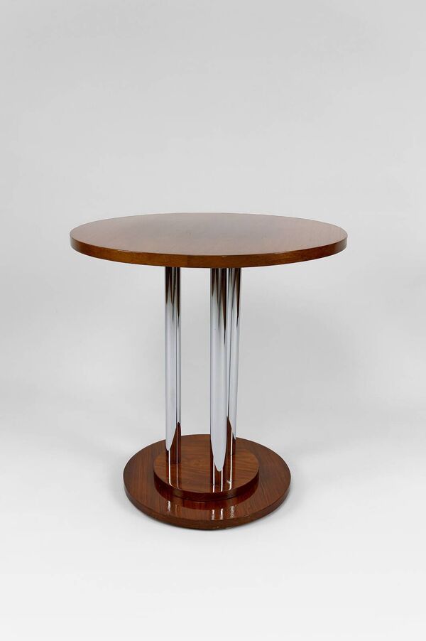 Guéridon Art Deco moderniste en noyer et chrome, France, Circa 1930