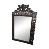 Large Henri II mirror in solid oak with sculpted pediment, coat of arms and lions.