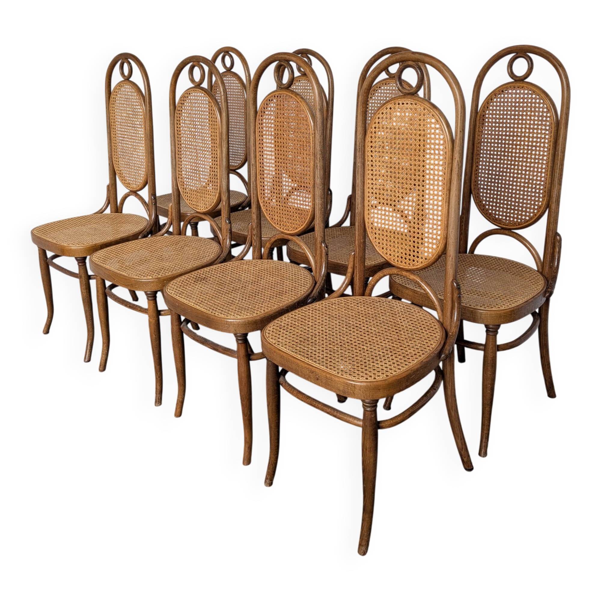 Set of 8 Vintage Bentwood Cane Dining Chair, Thonet Style, 1970s Yugoslavia