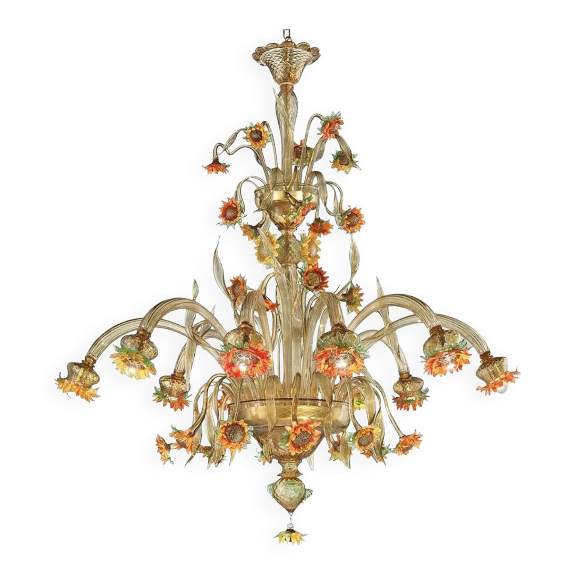 Murano Glass “Sunflowers” Chandelier – Venetian Style in Amber & Green