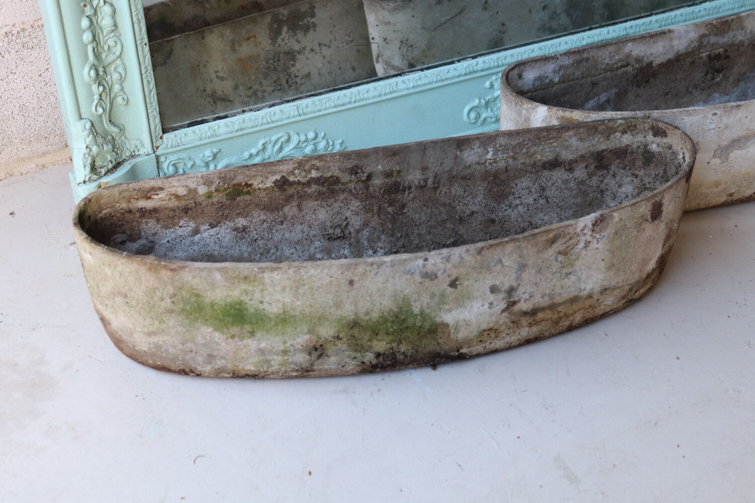 Pair of fibrecement bean-shaped planters