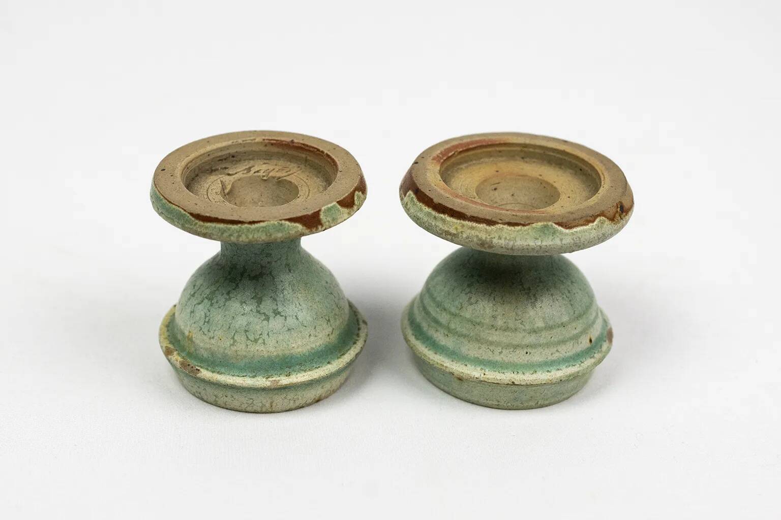 Pair of egg cups/candle holders by Alexandre Bigot – Art Nouveau stoneware