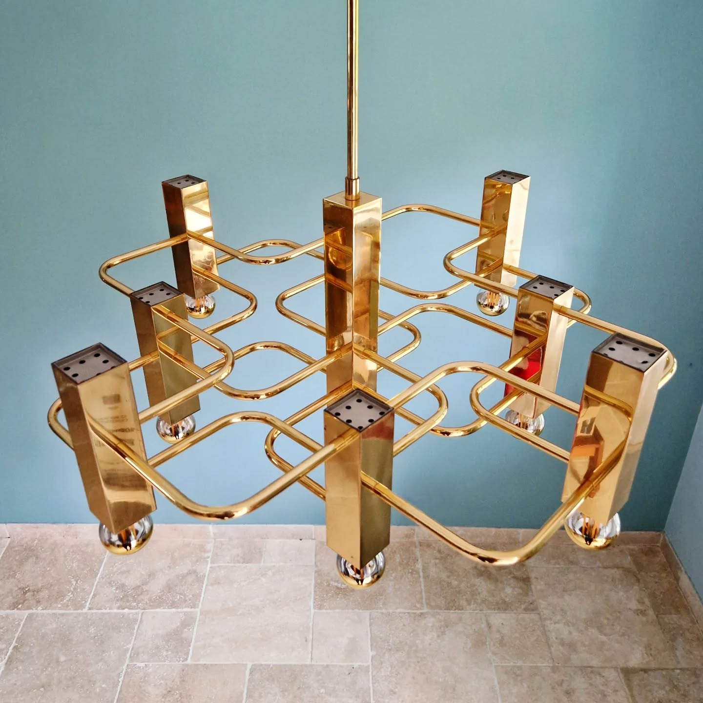 Large geometric brass chandelier, Gaetano Sciolari, Boulanger, 1970