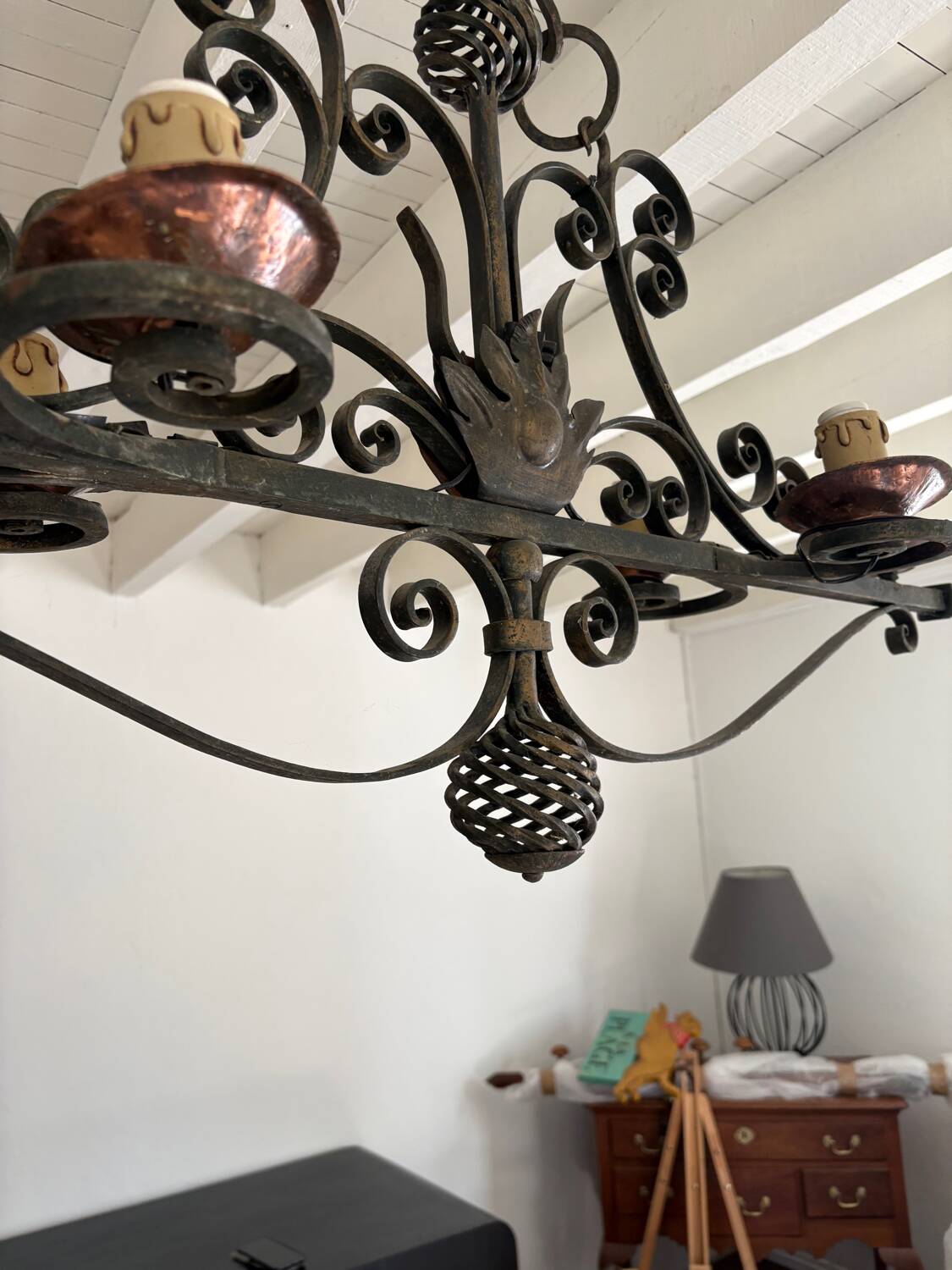 Lustre baroque en fer forgé à 4 lumières années 40