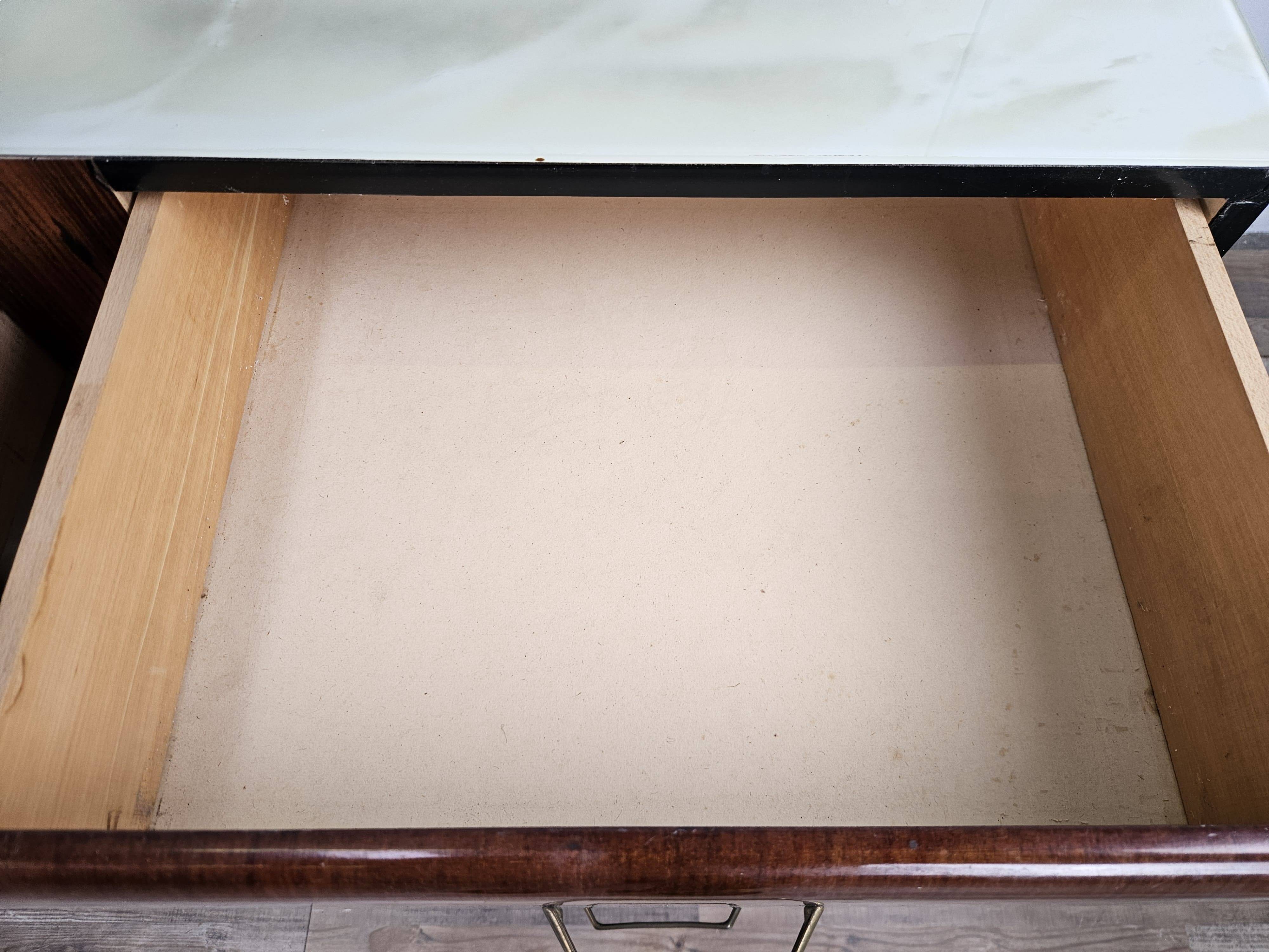 Vintage six-drawer mahogany burl dresser with glass top