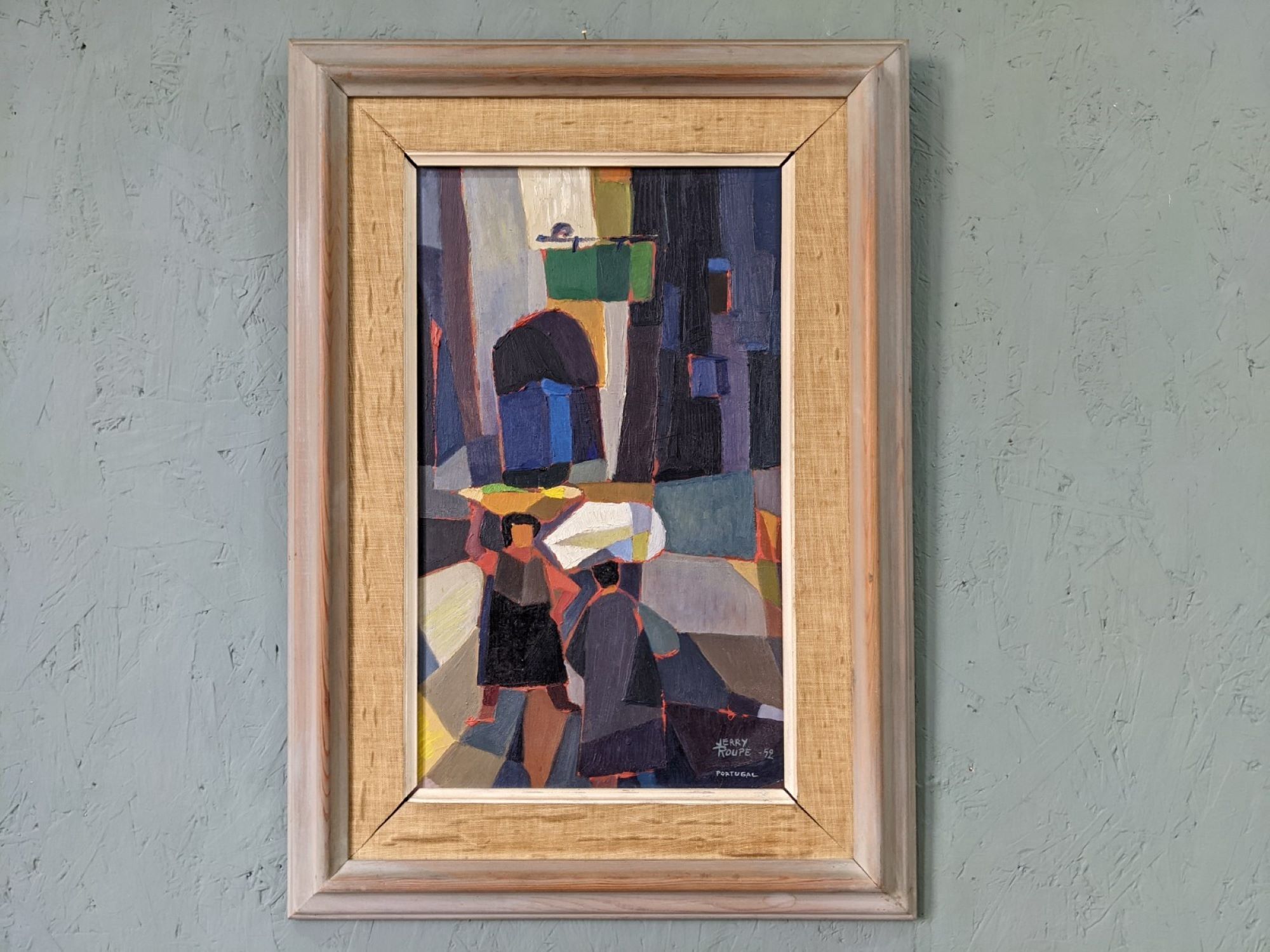 Mid-century modern swedish "streets of portugal" street scene oil painting, framed