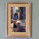 Mid-century modern swedish "streets of portugal" street scene oil painting, framed