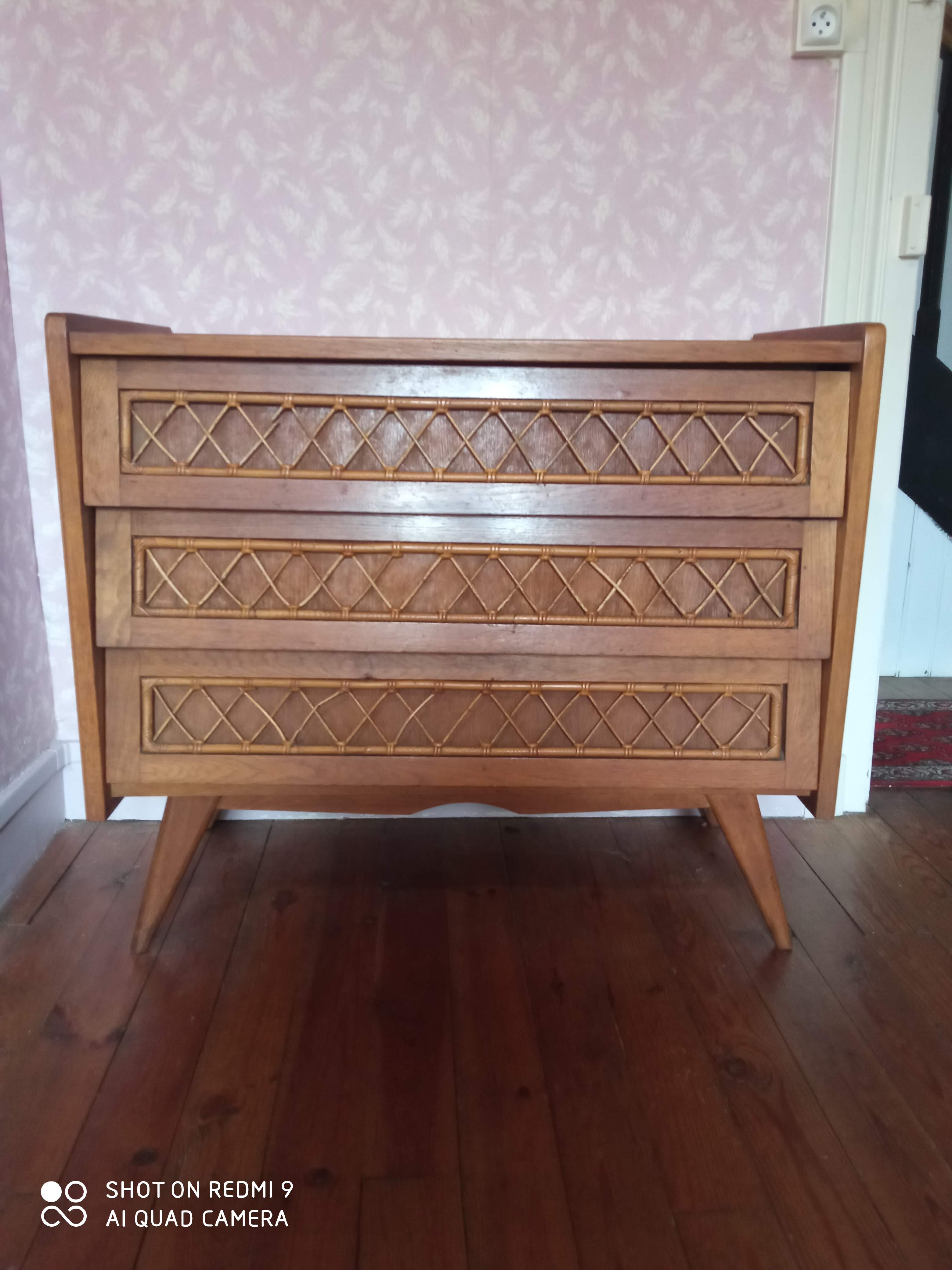 Dresser in blond wood and rattan 50s