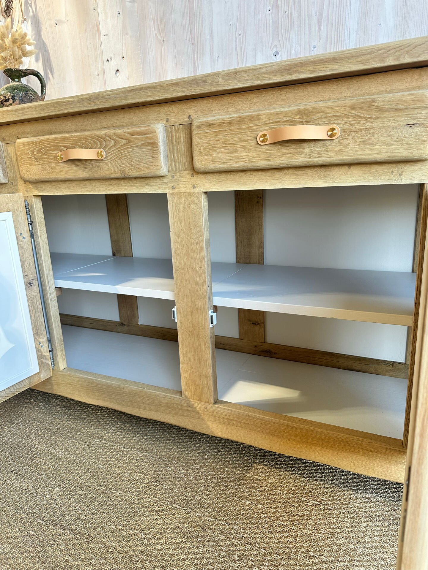 Grande enfilade buffet en chêne massif et cannage – 242 cm