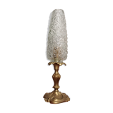Lampe ancienne sur pieds, globe tulipe en verre moulé