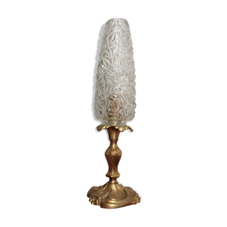 Lampe ancienne sur pieds, globe tulipe en verre moulé