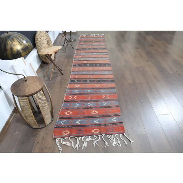 1970s Turkish Oushak Handmade Wool Cotton Red Runner Rug 74x338