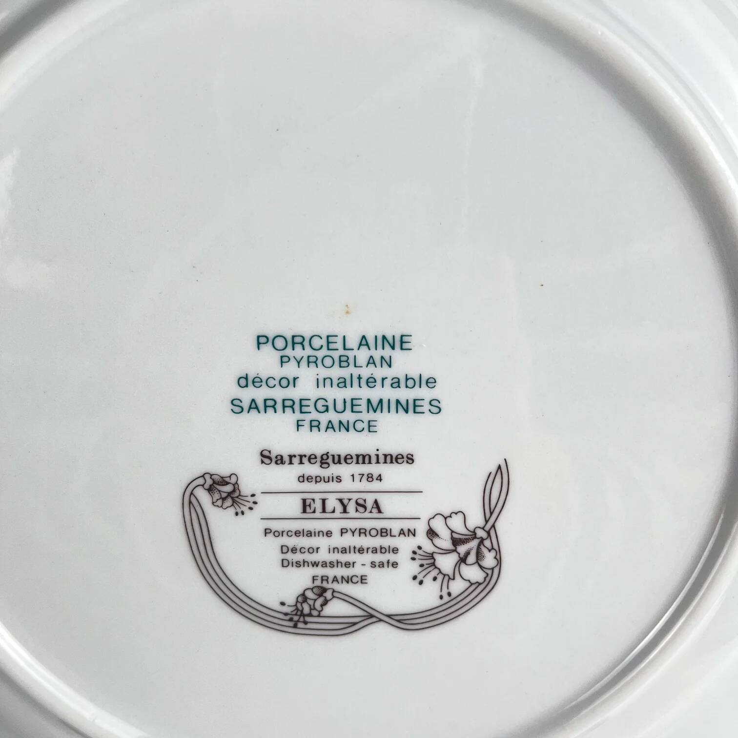 Set de 6 assiettes plates "Elysa", Sarreguemines, 1980-90