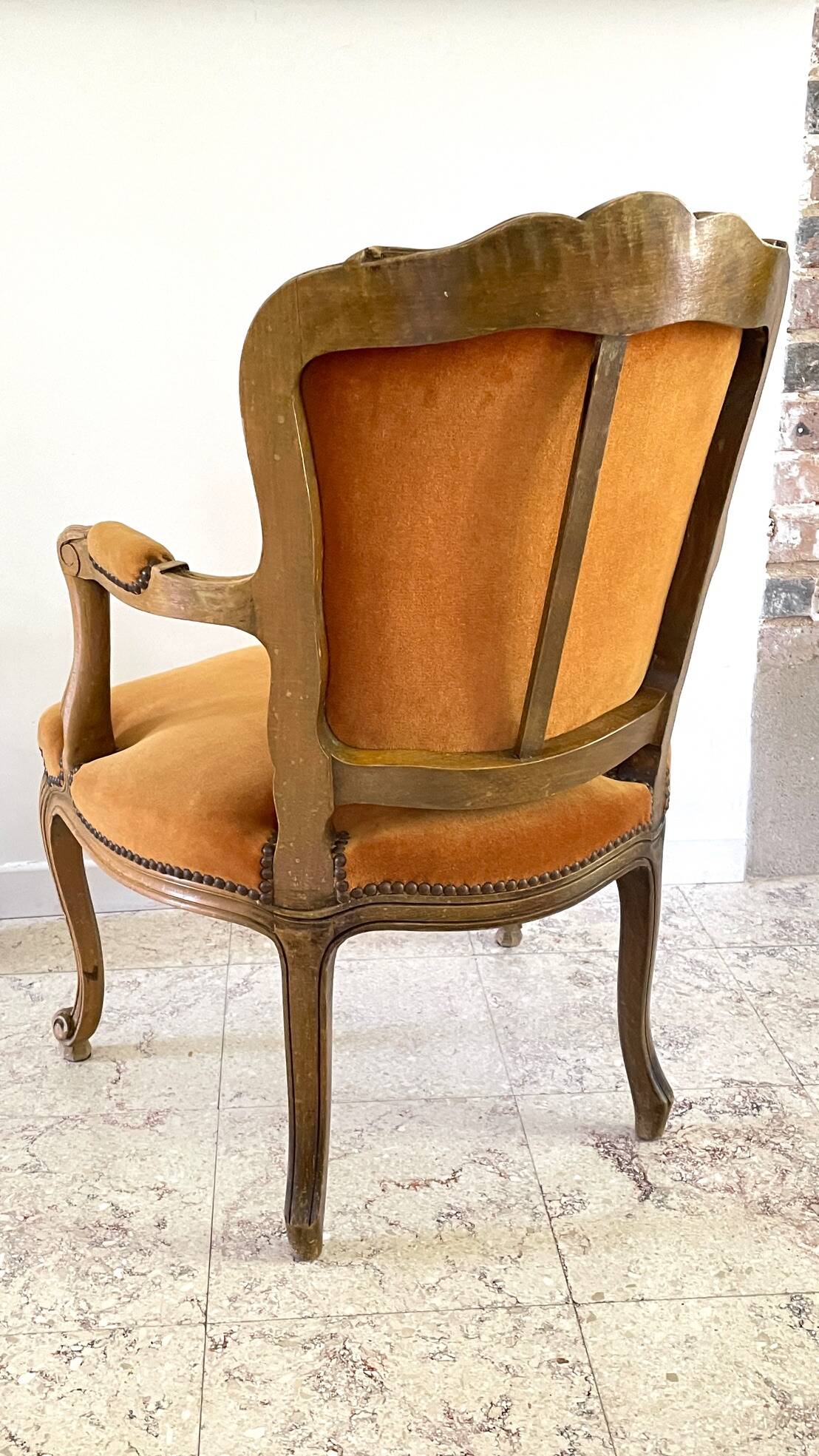 Vintage French Curry Velvet Cabriolet Armchair