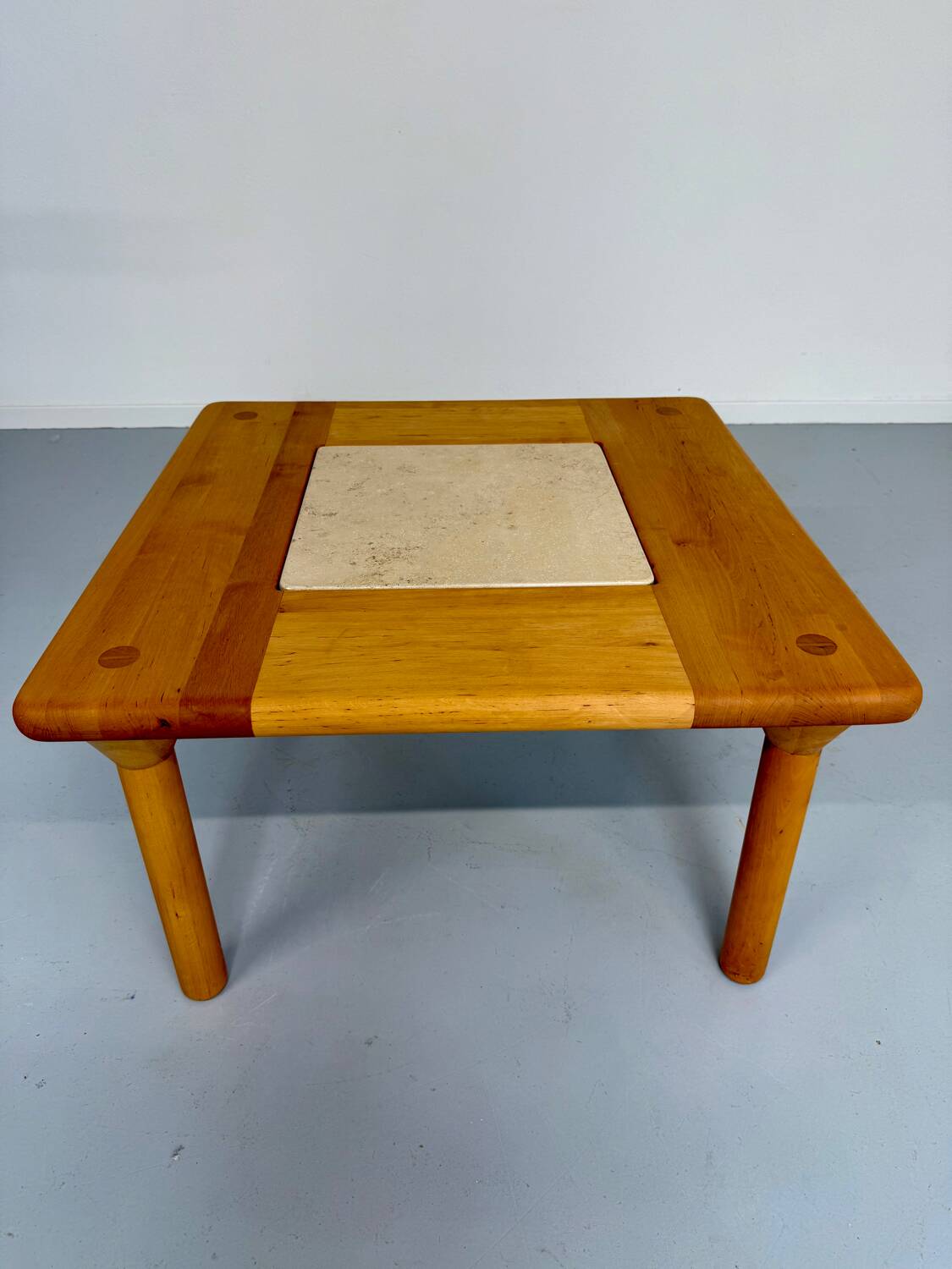 Table basse ancienne bois et travertin design des années 70 vintage