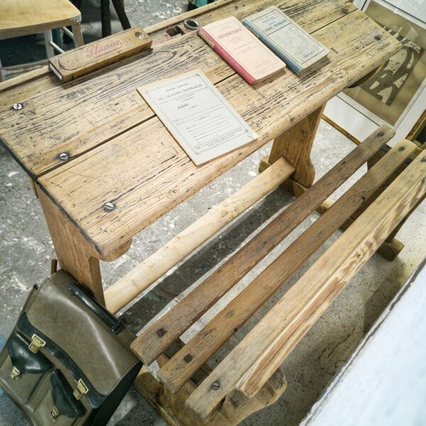 Bureau pupitre d'écolier double en bois