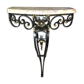 Art Deco wall console in wrought iron and marble tray, circa 1940