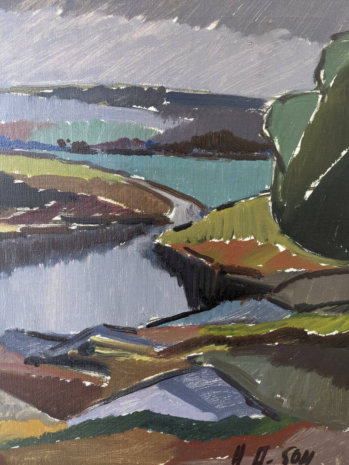 Mid-Century Modern "Meander" Vintage Expressionist River Landscape Oil Painting, Framed