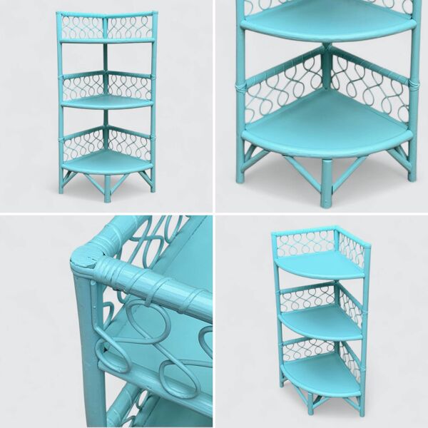 Etagère d’angle en rotin turquoise vintage 1960