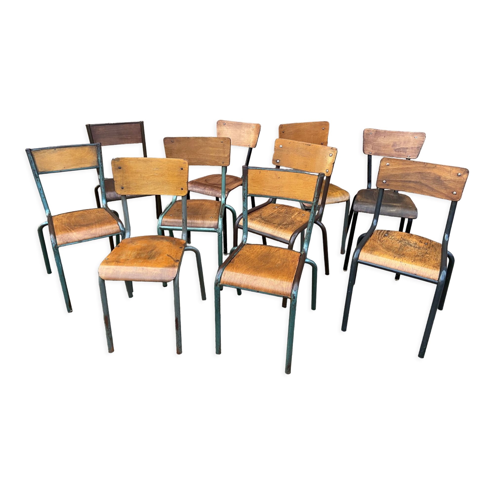 Set of 10 vintage mismatched industrial chairs mullca