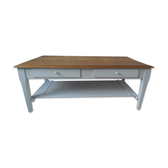 Vintage coffee table base and belt patinated pearl gray, oak top.