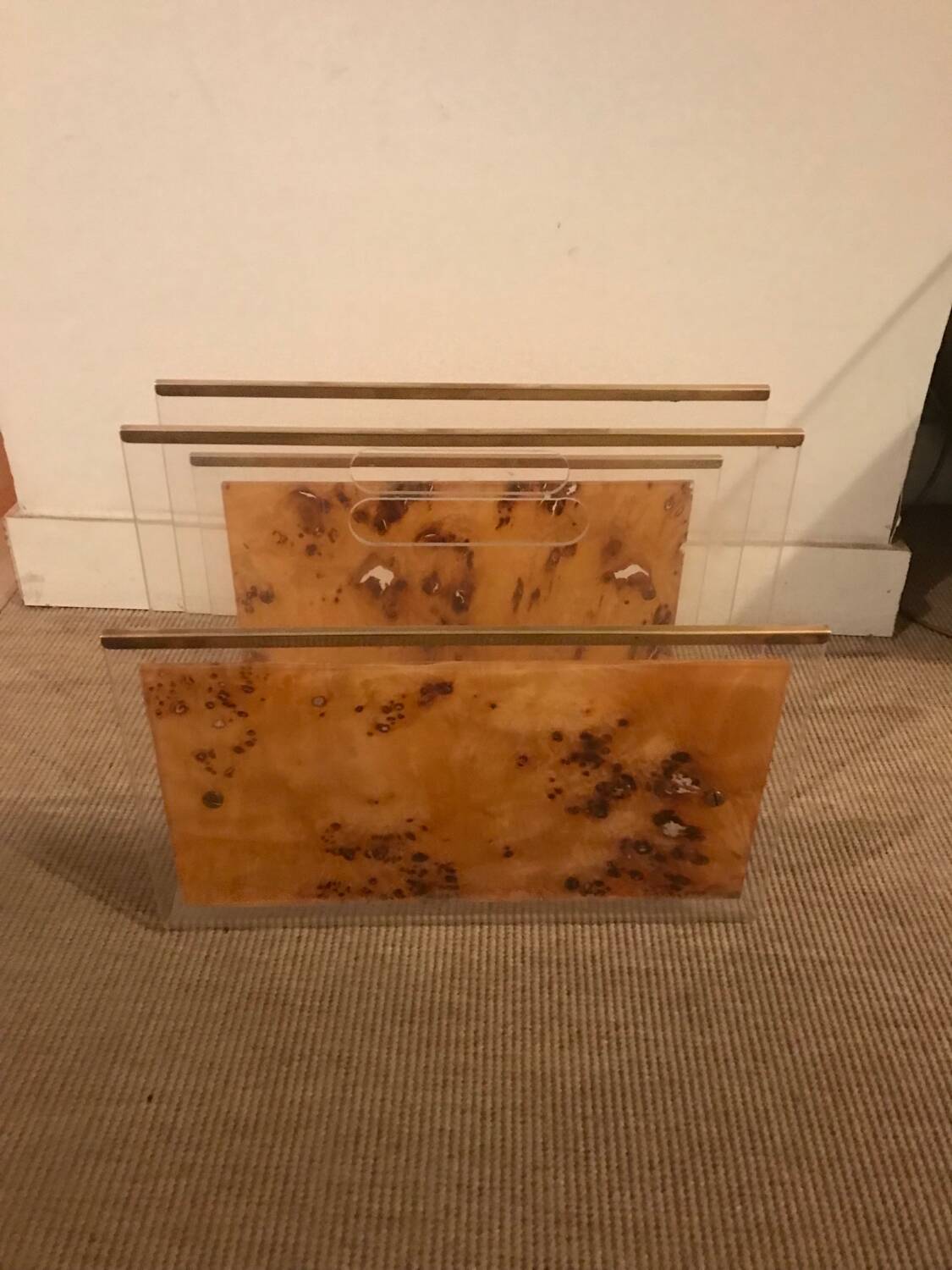 Lucite and brass magazine rack, 1970-80.