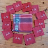 Vintage tablecloth and its 12 monogrammed red cotton towels AM