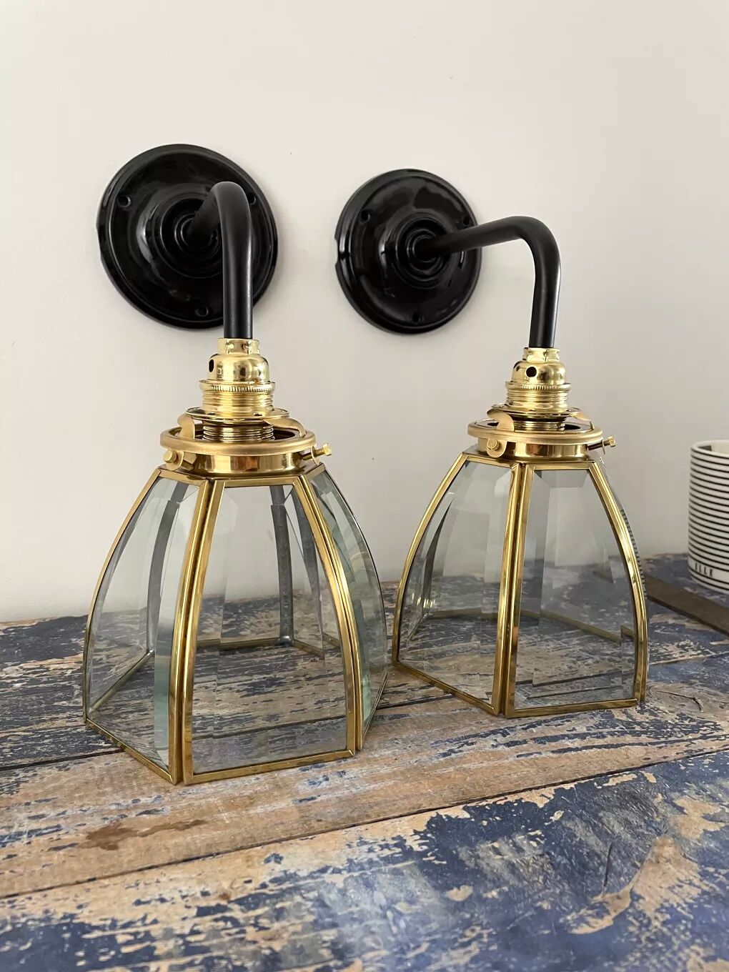 Pair of vintage glass and brass sconces electrified to nine