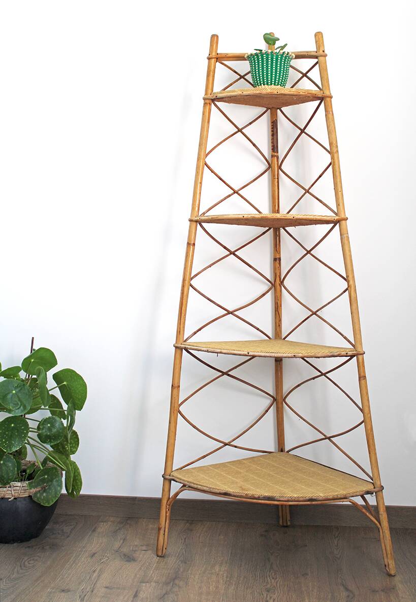 Corner rattan shelf