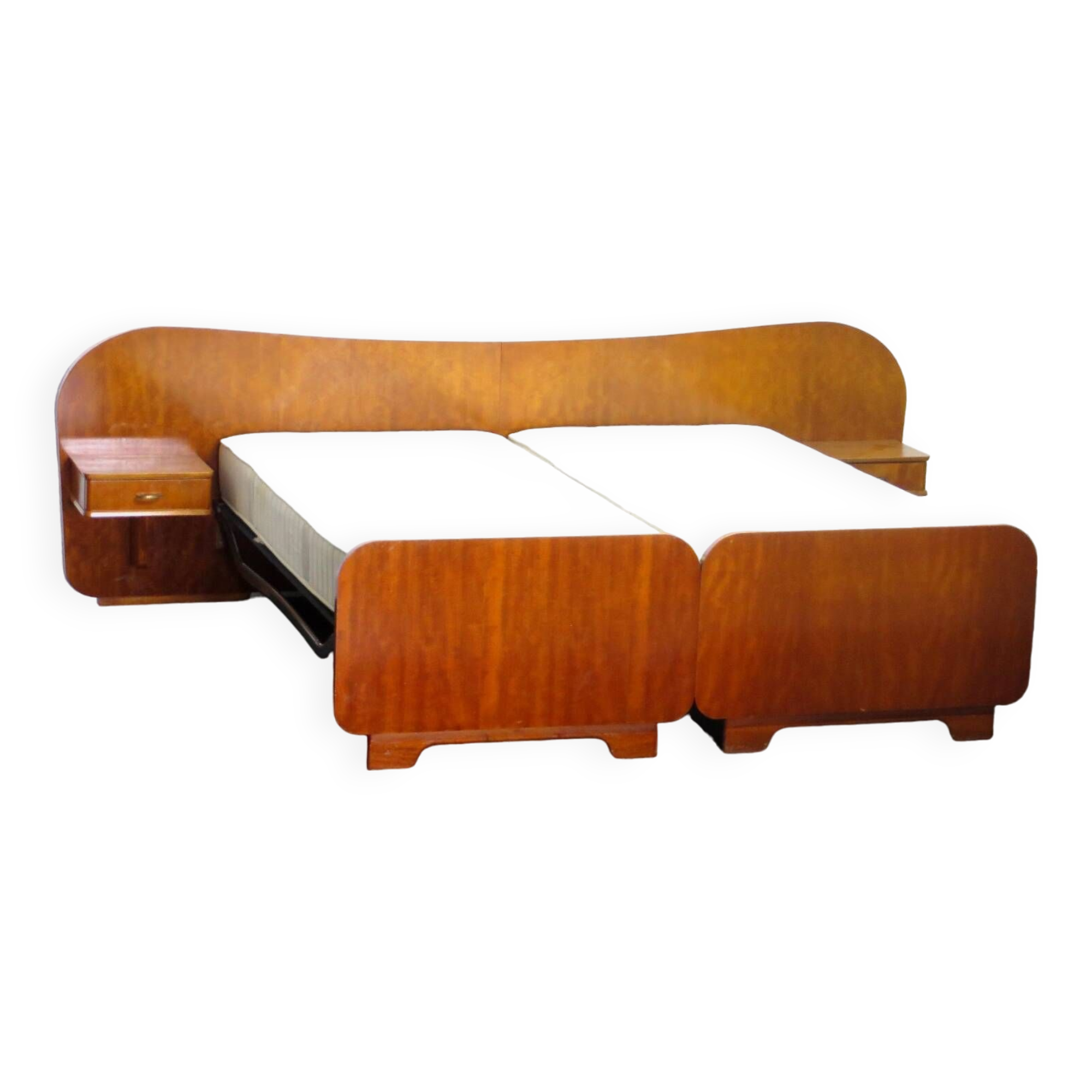 Vintage teak and walnut bed with nightstands, 1950s
