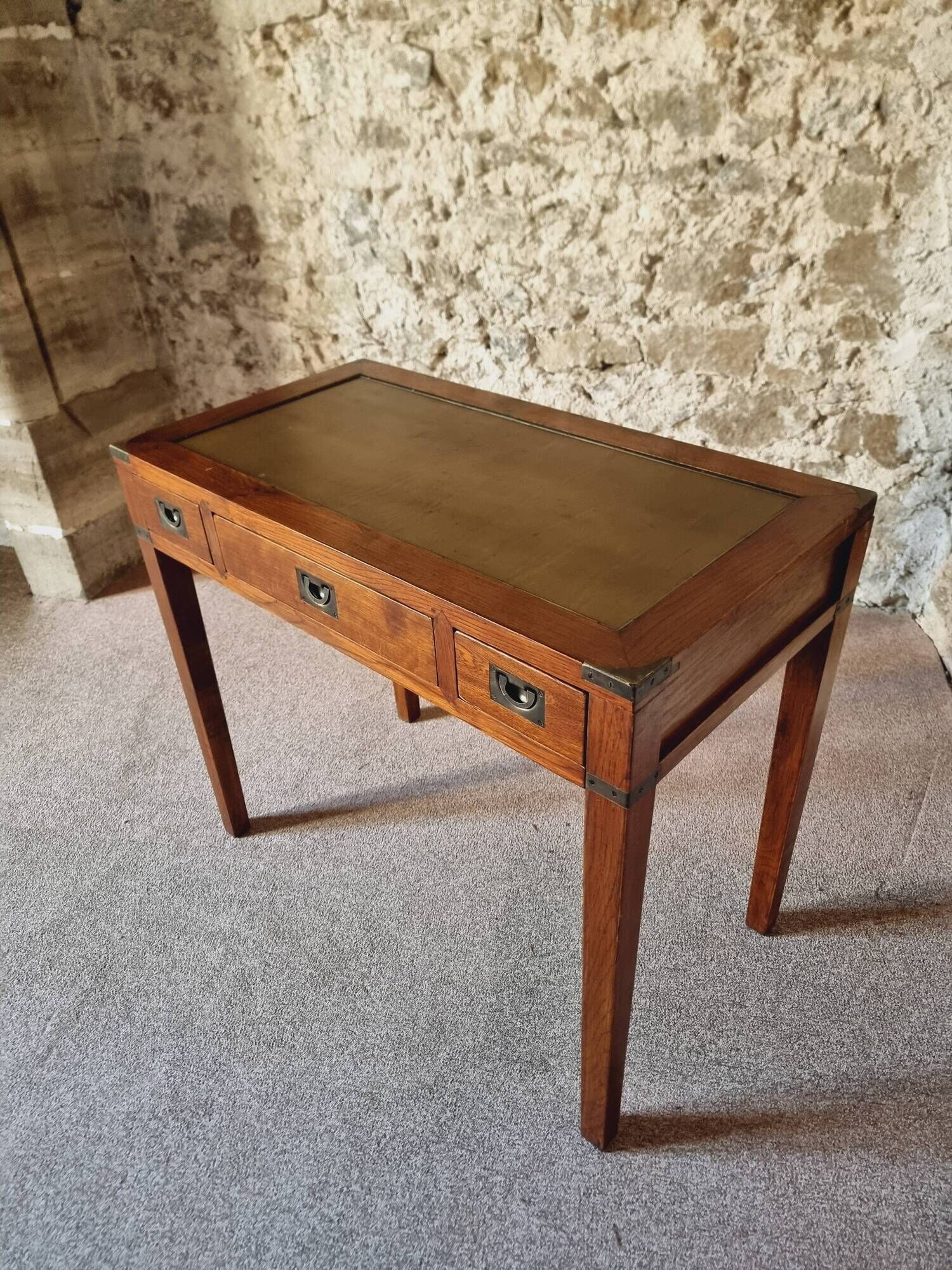 Vintage oak desk – 1970s – Green leather top and 3 drawers