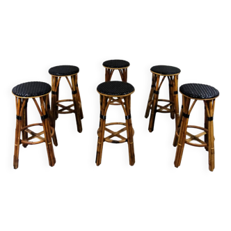 Ensemble de 6 tabourets de bar en rotin années 1970-80