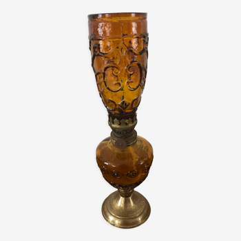 Oil lamp "stained glass" in amber glass pedestal metal