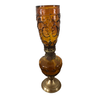 Lampe à huile « vitrail » en verre de couleur ambre piédestal métal