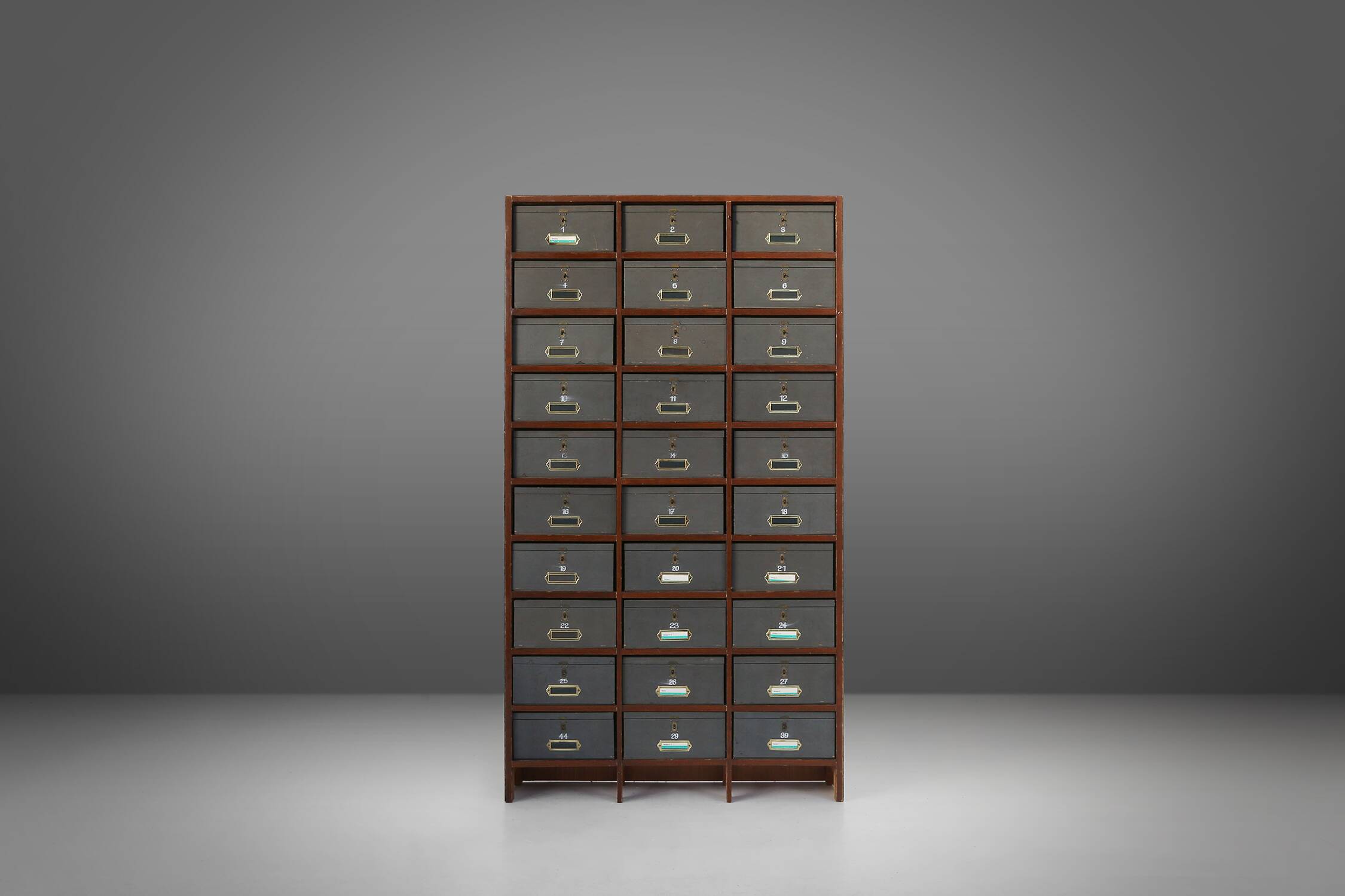 Industrial filing cabinet in wood with 30 original cardboard storage boxes, Belgium, 1920s