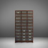 Industrial filing cabinet in wood with 30 original cardboard storage boxes, Belgium, 1920s