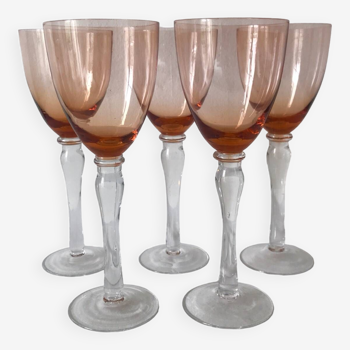 Set of 5 wine glasses in orange tinted glass